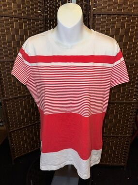 Lauren Ralph Lauren Red and White Striped Short Sleeve Top large